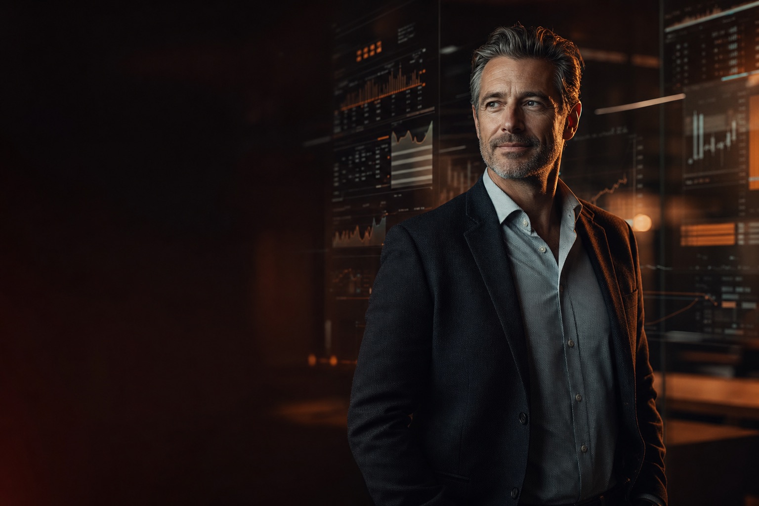 A confident accountant standing in front of financial data, in command of AI
